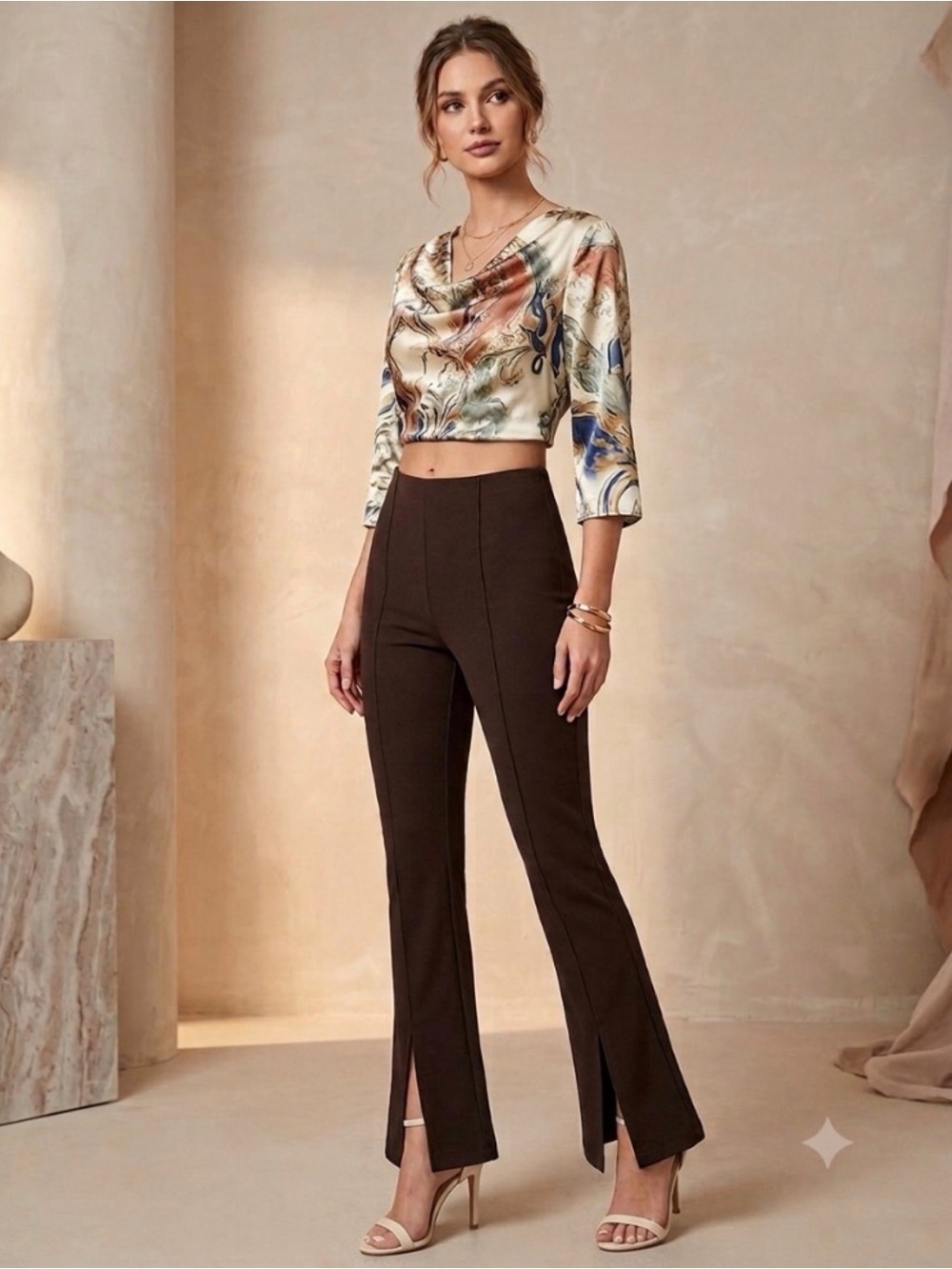 Lucy Paris Hem Ankle Slit High-Waist Brown Slim Flare Double Knit Ponte Pants M